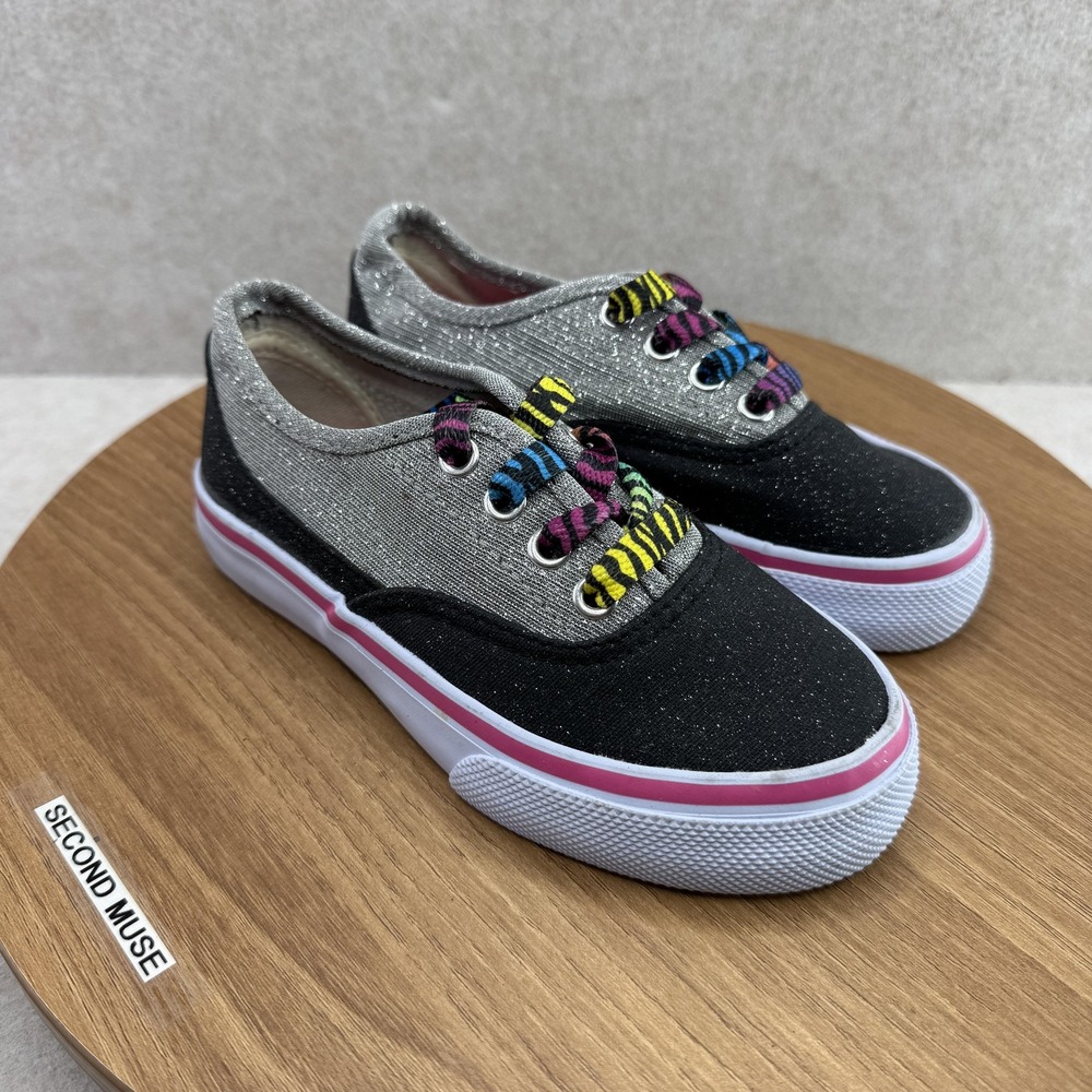 Liv & Maddie Shoes Girls 10.5 Black‎ Glitter Striped Lace Up Casual Sneakers